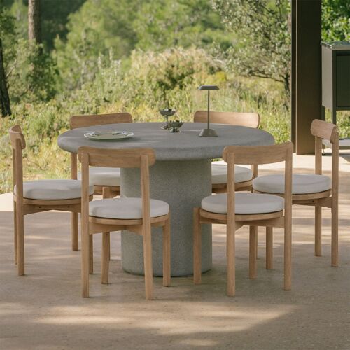 Set De Table Ronde Ø120 Cm En Ciment Émiria Et 6 Chaises De Jardin En Bois D'acacia Nualis