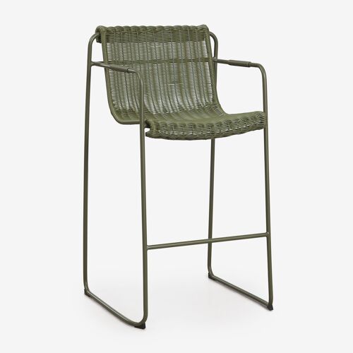 Pack de 4 tabourets hauts empilables avec accoudoirs en rotin synthétique et acier Revia Vert Olive Intense ¿75 cm