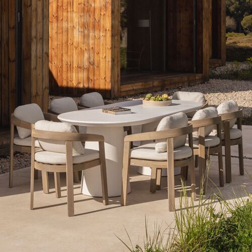 Ensemble Table Ovale 220x95 Cm En Ciment Noemi Et 8 Chaises De Jardin En Bois D'acacia Uleno