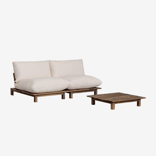 Ensemble de salon avec canapé inclinable modulable 2 pièces et table basse en bois d'acacia Brina Beige Crème