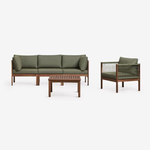 Ensemble de salon avec canapé modulaire 3 pièces avec accoudoirs, fauteuil et table basse en bois d'acacia Branson Vert Olive Intense - Marron Acacia Foncé
