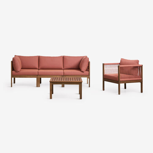 Ensemble de salon avec canapé modulaire 3 pièces avec accoudoirs, fauteuil et table basse en bois d'acacia Branson Terracotta - Brun Acacia