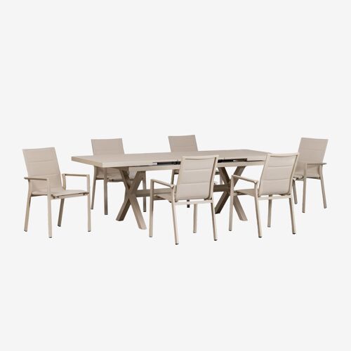 Set De Table De Jardin Rectangulaire Extensible 180-240x90 Cm Et 6 Chaises De Jardin Empilables Avec Accoudoirs En Aluminium Kar Tapioca Beige