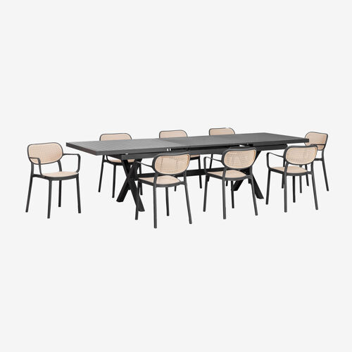 Set De Table Rectangulaire Extensible 240-300x100 Cm En Aluminium Karena Et 8 Chaises De Jardin Empilables En Polypropylène Omar Gris Graphite