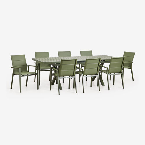 Set De Table Rectangulaire Extensible 180-240x90 Cm Et 8 Chaises De Jardin Empilables Avec Accoudoirs En Aluminium Karena Vert Olive Intense