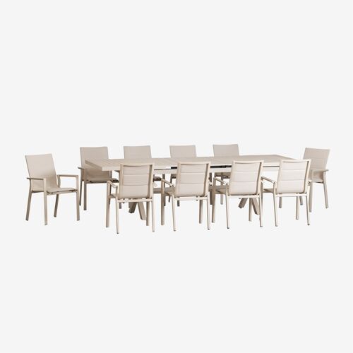 Set De Table Rectangulaire Extensible 240-300x100 Cm Et 10 Chaises De Jardin Empilables Avec Accoudoirs En Aluminium Karena Tapioca Beige