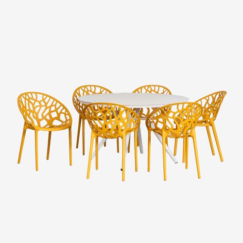 Set De Table Ronde Ø125 Cm En Aluminium Valerie Et 6 Chaises De Jardin Ores Moutarde