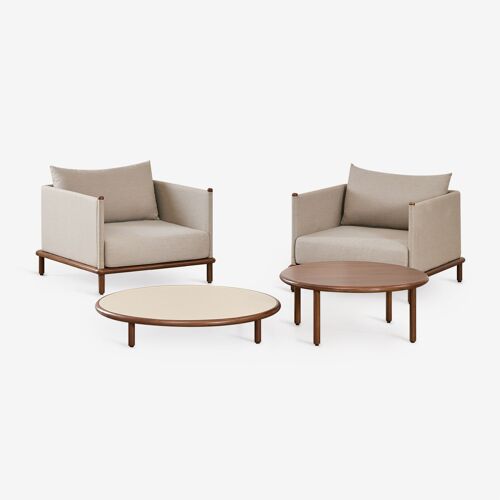 Ensemble de salon avec 2 fauteuils et 2 tables basses rondes en bois d'acacia Olivia Beige Semoline - Brun Acacia foncé Brun Acacia foncé