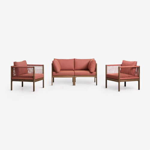 Ensemble de salon avec canapé modulaire 2 pièces avec accoudoirs et 2 fauteuils en bois d'acacia Branson Terracotta - Brun Acacia