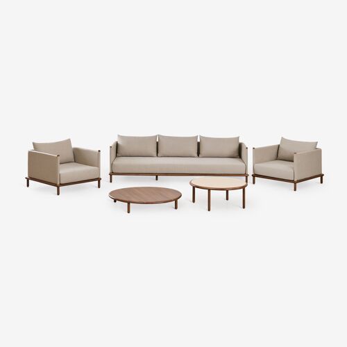 Ensemble de salon avec canapé 3 places, 2 fauteuils et 2 tables basses rondes en bois d'acacia Olivia Brun Acacia foncé - Beige Semoline Brun Acacia foncé