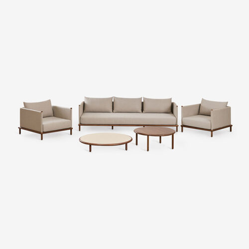 Ensemble de salon avec canapé 3 places, 2 fauteuils et 2 tables basses rondes en bois d'acacia Olivia Beige Semoline - Brun Acacia foncé Brun Acacia foncé