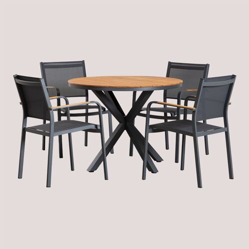 Set De Table Ronde Ø100 Cm En Bois D'eucalyptus Et 4 Chaises De Jardin Empilables En Aluminium Archer Gris Graphite