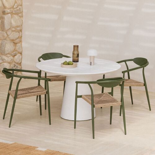 Set De Table Ronde Ø120 Cm En Ciment Noemi Et 4 Chaises De Jardin Empilables Avec Accoudoirs En Aluminium Et Rotin Synthétique M