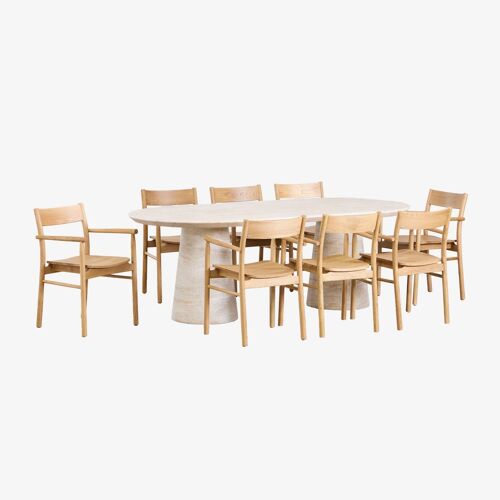 Ensemble table ovale 220x95 cm en aspect ciment travertin Noemi et 8 chaises de salle à manger en bois de chêne Mara Signature