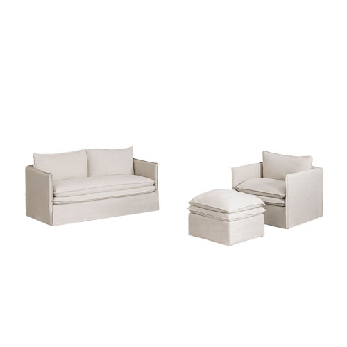 Ensemble de salon avec un canapé 2 places, un fauteuil et un pouf en lin et coton Grace