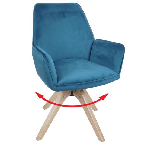 Chaise de salle à manger HWC-G67, chaise de table à manger, chaise de cuisine, chaise avec accoudoirs, pivotante, en bois et velours 320 g/m², MVG   bleu turquoise