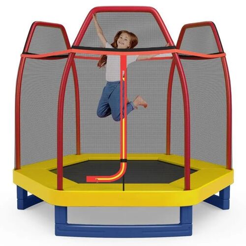 Costway Trampoline Enfants 223cm Avec Filet De Sécurité Respirant,36 Ressorts Protégés Tapis De Saut En Acier Galvanisé 150kg Rouge