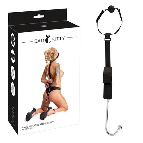 Kit Bondage Bâillon Menottes Crochet Anal Noir - Bad Kitty - Noir