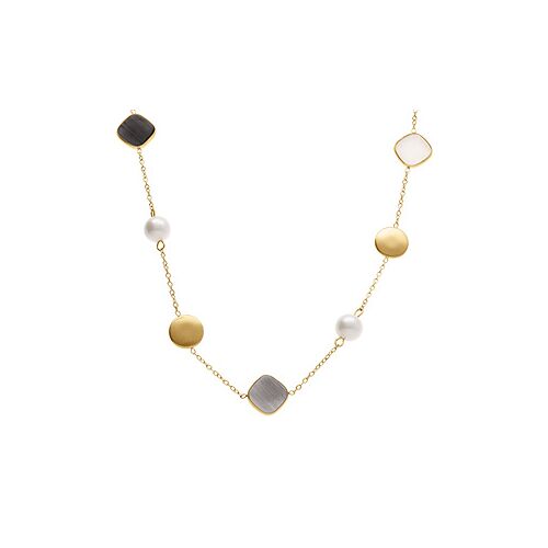 Collier Acier Doré Pastilles Doré Carré Oeil De Chat Imitation Noir Et Perle Blanche Imitation 40+5cm