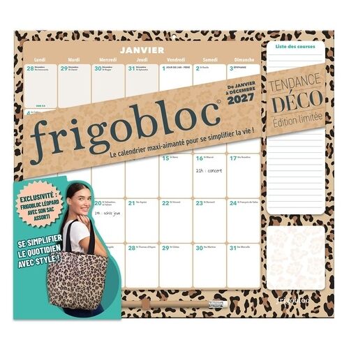 Frigobloc Mensuel Avec Sac Léopard 2027- Calendrier Organiseur Familial (De Janv - À Déc. 2027)