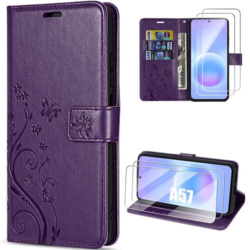 Coque + 2 Verres Trempés pour Samsung Galaxy A57 5G, Cuir PU Violet Foncé Motif Papillon Fleurs - E.F.Connection