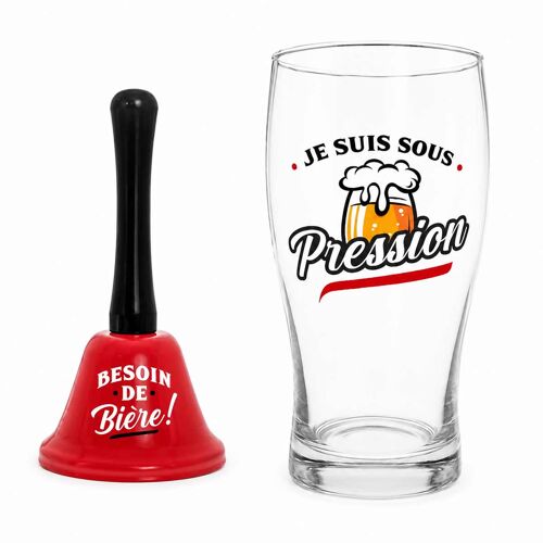 Coffret Verre À Bière 50 Cl Et Clochette Humoristique
