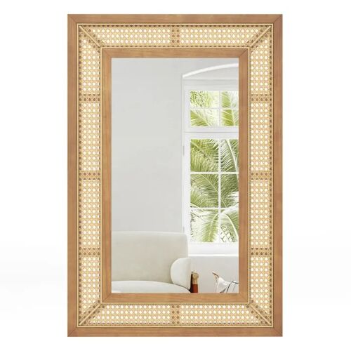 COSTWAY Miroir Mural Rectangulaire 90 x 60 cm en Rotin, Cadre en Bois, Miroir Suspendu Vertical ou Horizontal pour Salon Entrée