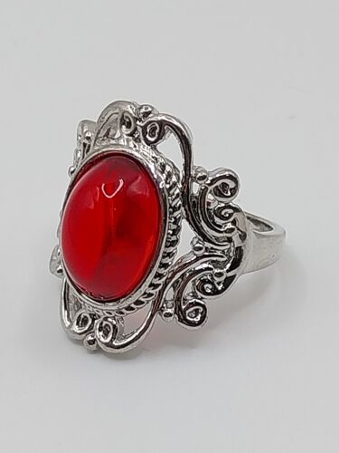 Bague Métal Argenté,Grande Pierre Resine Rouge Transparente, Taille 19.43mm