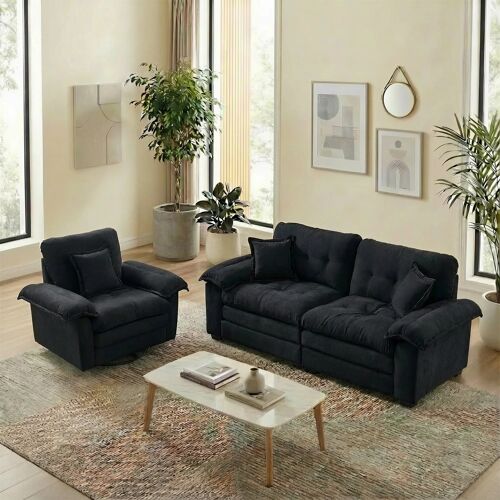 Canapé 2 places et fauteuil en chenille Noir Avec accoudoirs,3 oreillers,Canapé Salon Moderne Économise d¿Espace