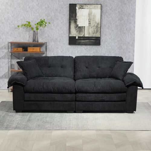 Canapé Droit 2 Places en Chenille,213cm Avec coussin,Ressorts Ensachés,Confort Longue Assise,Noir