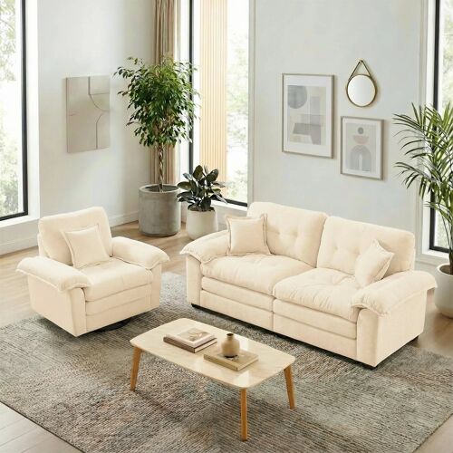 Canapé 2 places et fauteuil en chenille Beige Avec accoudoirs,3 oreillers,Canapé Salon Moderne Économise d¿Espace