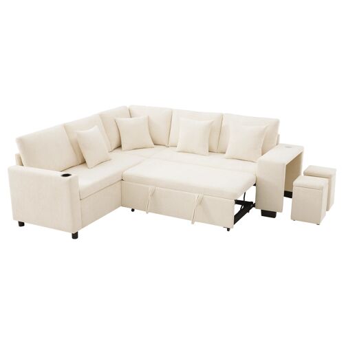 Canapé d'Angle Convertible,Canapé-lit 5 Places avec Rangement,Porte-gobelets,Ports USB/USB-C,En Tissu chenille,220×205×86.50cm,Beige