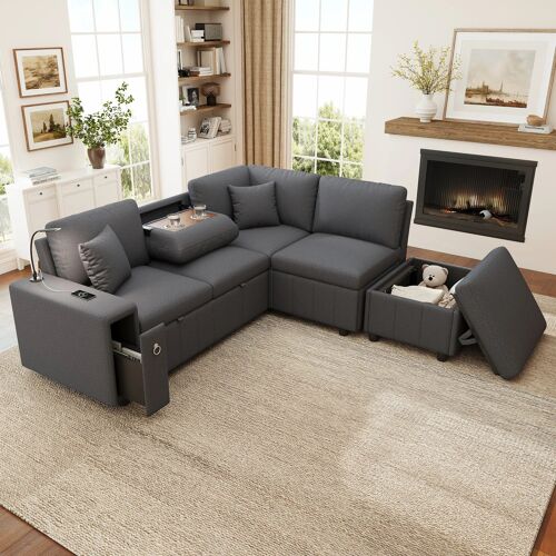 Canapé d'Angle L Extensible Beige,Canapé Modulable 5 Places Fonction lit avec Rangement,Ports USB et Type-C,Lumière de lecture,Gris