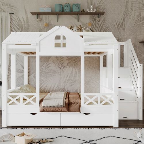Lit Superposé Enfant 2 Places- 90x200/140x200cm- Fenêtres & Toit- 2 Tiroirs- 4 Niches de Rangement- En Pin & MDF- Blanc
