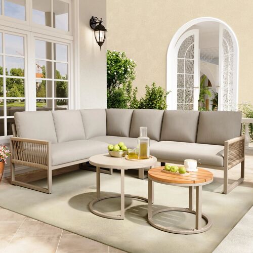 Ensemble Salon De Jardin,Canapé D'angle Jardin 6 Places,Table Basse Métal Pieds Réglables,Mobilier De Jardin Moderne,Beige