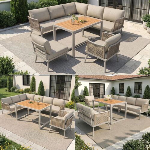 Salon De Jardin- Canapé D'angle Jardin 7 Places- En Forme L- Tructure Fer Poudré Table Wpc Coussin Amovible Lavable- Beige