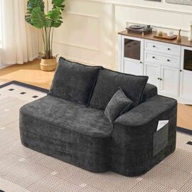 Canapé Droit,Sofa 2 places Noir sans montage,En Tissu chenille,Confortable avec coussins et poches latérales