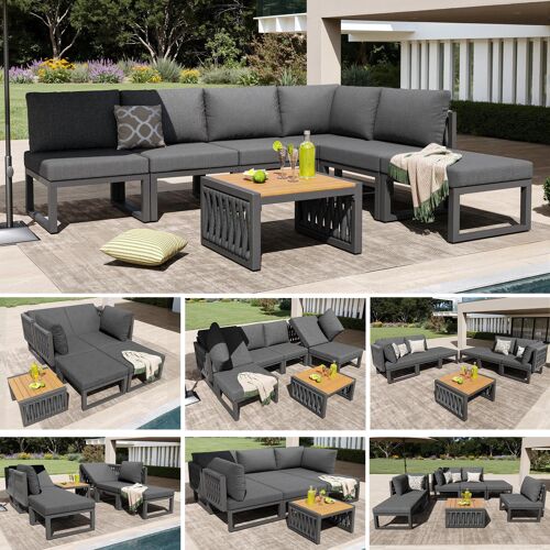 Salon De Jardin Modulable 6 Places,Canapé D'angle 5 Positions Réglable,Tressé Résistant Table Aspect Bois Coussins Amovibles,Gris