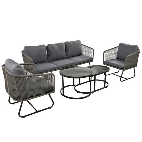 Salon De Jardin,Ensemble De Meubles De Jardin En Corde,Avec Pieds Réglables, Plateau En Verre Lisse,Coussins 7cm,Gris