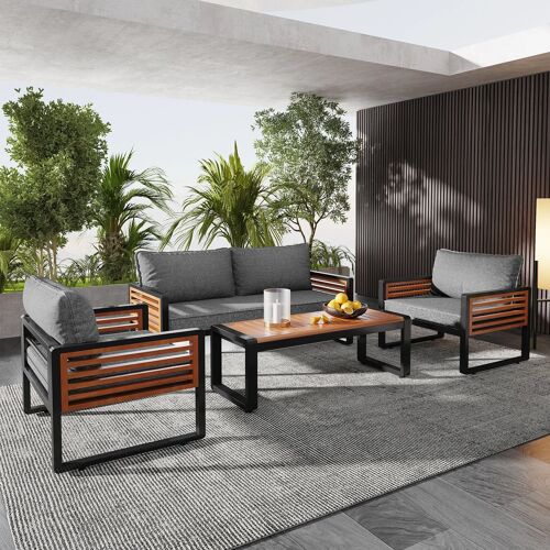 Salon De Jardin Avec Accoudoirs Bois,Canapé 2 Places Et 2 Chaises Et Table,Coussins 7cm,Pieds Réglables Pour Jardin/Terrasse/Balcon