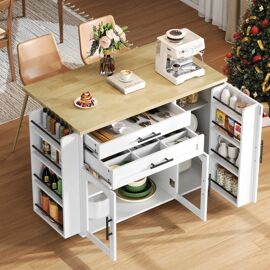 Ilot de cuisine mobile avec plan de travail rabattable,Chariot de cuisine avec 2 tiroirs et 5 Portes,120×45(70)×90cm,Blanc
