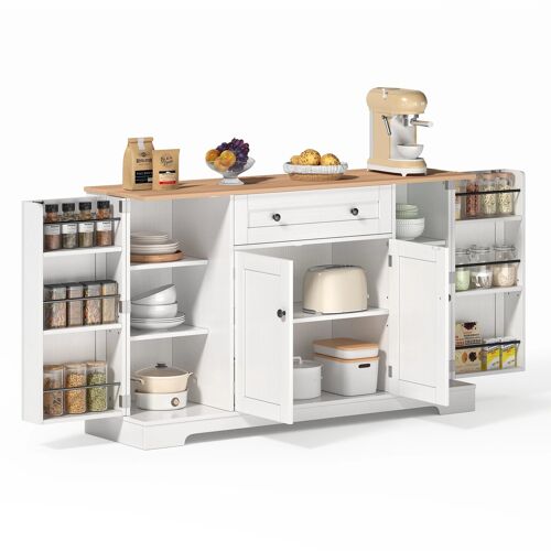 Buffet de cuisine multifonction 138 cm,Meuble de rangement avec tiroir et 2 portes latérales 3 étagères chacune,Blanc et Naturel