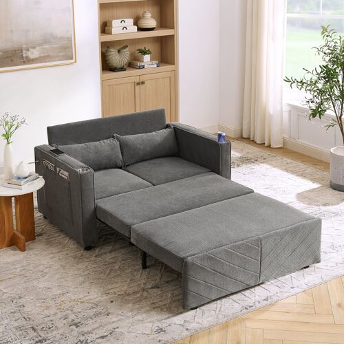 Canapé-lit 2 places 3 en 1 Minimaliste Élégant et Luxueux,Charge USB,Design Coulissant Transformable,Pour la sieste,Gris