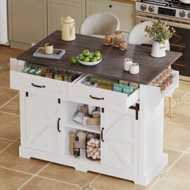 Ilot de cuisine sur roulettes,Avec plateau rabattable,2 tiroirs et 2 portes coulissantes,120×45¿70¿×91cm,Blanc