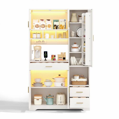 Buffet de cuisine,Armoire Haute de rangement et vitrine avec 3 tiroir et Portes,éclairage LED et 2 Prises,185×105×40cm,Blanc
