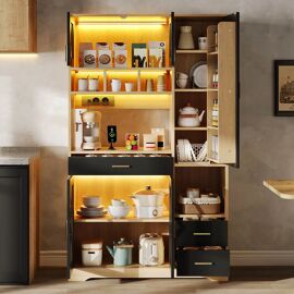 Buffet de cuisine,Armoire Haute de rangement et vitrine avec 3 tiroir et Portes,éclairage LED et 2 Prises,185×105×40cm,Naturel
