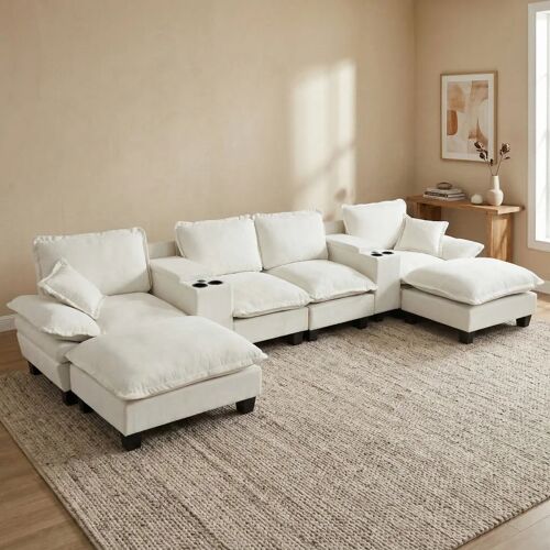 Canapé d'angle Modulaire,Canapé Nuage 4 Places en forme U avec 2 consoles de rangement centrales,Port USB, 2 ottomanes,Beige
