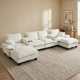 Canapé d'angle Modulaire,Canapé Nuage 4 Places en forme U avec 2 consoles de rangement centrales,Port USB, 2 ottomanes,Beige