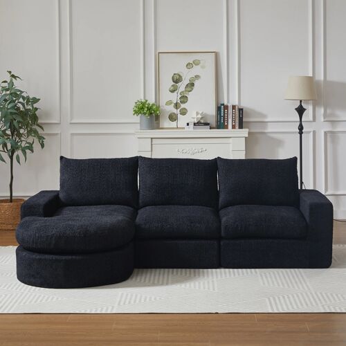 Canapé Modulaire d'Angle L,3 Places,Avec méridienne,Tissu Chenille Doux,Relax et Repos avec Coussin de Nuque,Noir