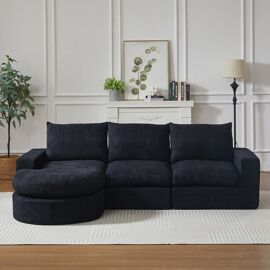 Canapé Modulaire d'Angle L,3 Places,Avec méridienne,Tissu Chenille Doux,Relax et Repos avec Coussin de Nuque,Noir